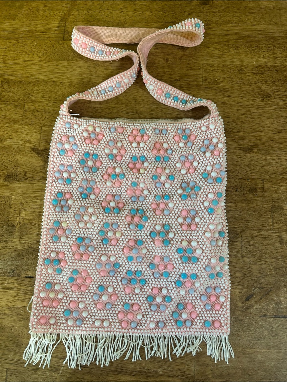 Vintage Pink Beaded Shoulder Bag with Blue Accents